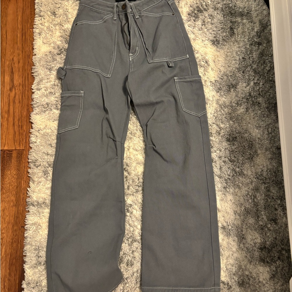Lioness Wide Leg Cargo Pants in Grey with White Stitching